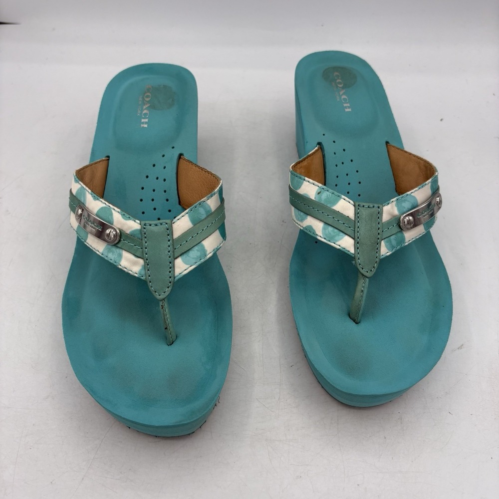 Coach Sandals Womens Size 8.5 B Jaden Wedge Heel Teal Cushioned Leather Straps - Picture 6 of 12